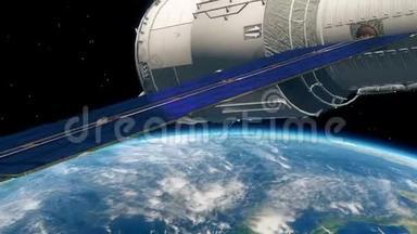国际空间站国际空间站<strong>围绕</strong>地球大气层旋转。 太空站轨道地球。 3D动画。
